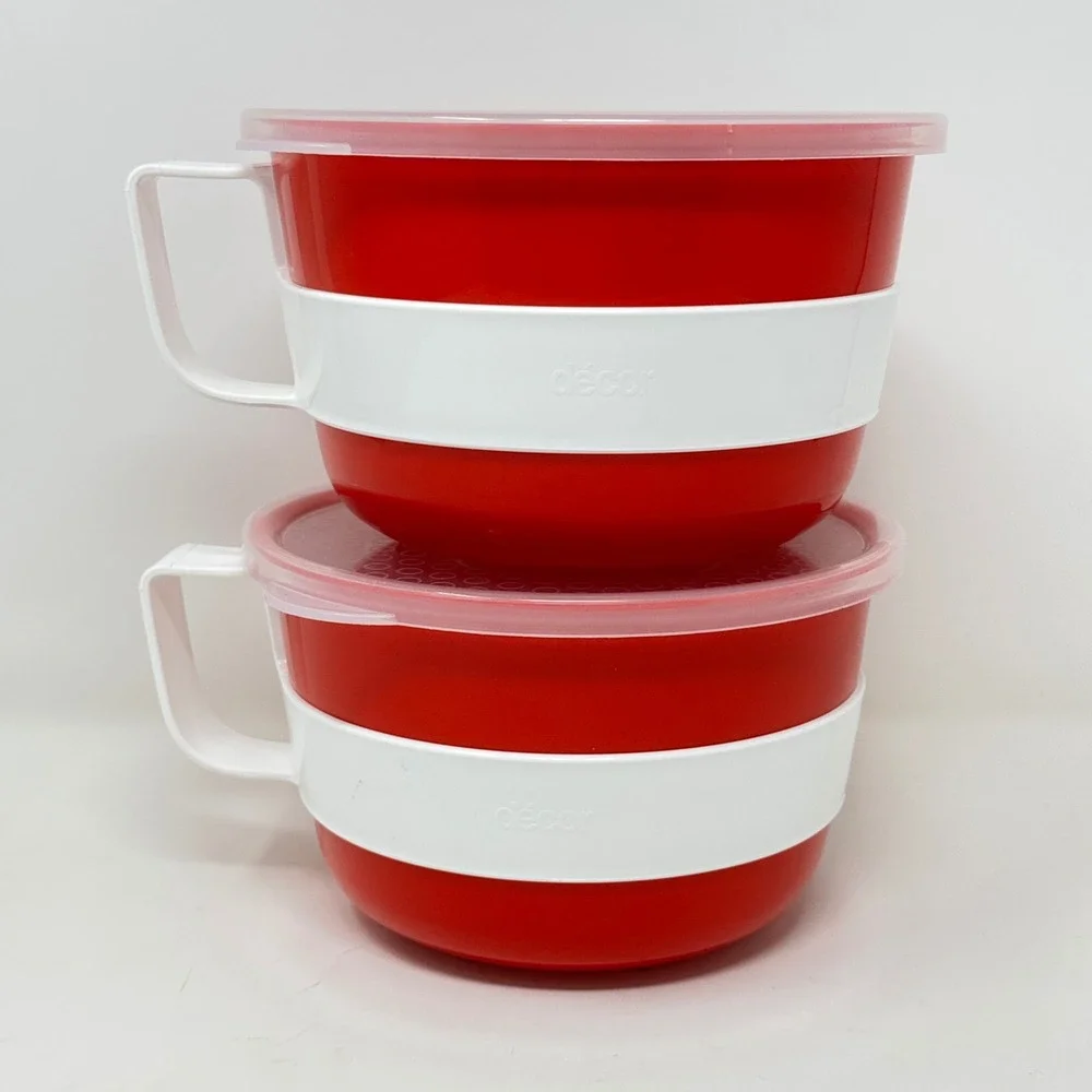 Decor Microwave Soup Mug Set of 2 Red White Vented Lid 500ml 17oz Australia